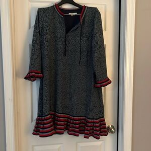 BODEN NAVY POLKA DOT FLOUNCE DRESS IN 16